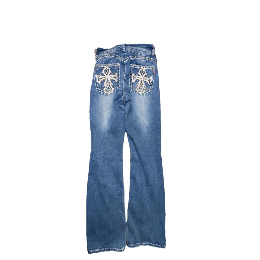 Love Indigo High Rise Bootcut Jeans Embellished Cross Pocket Rhinestone Denim